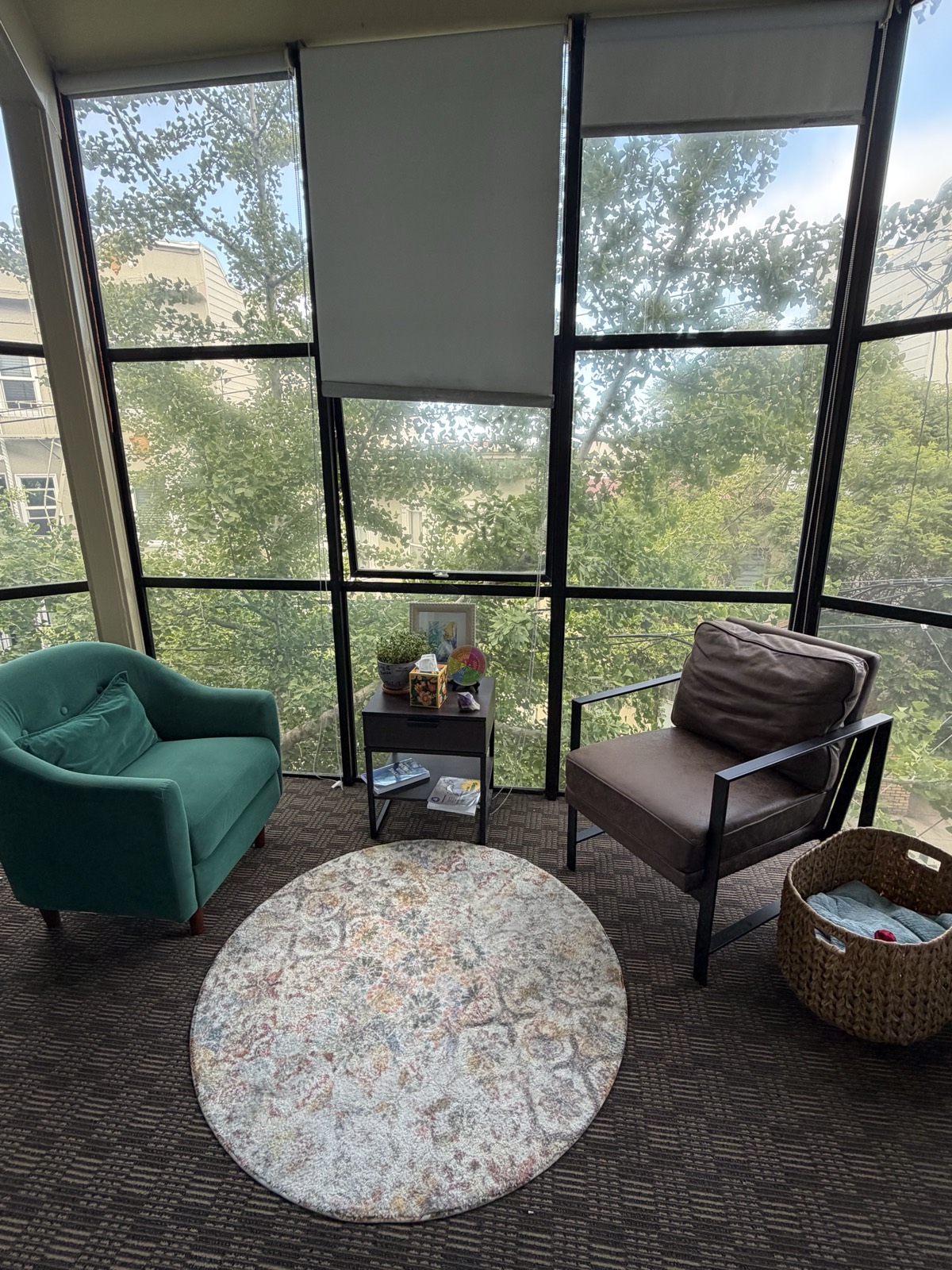 Dhespina&rsquo;s therapy office at 1829 Market Street, with large windows looking onto trees